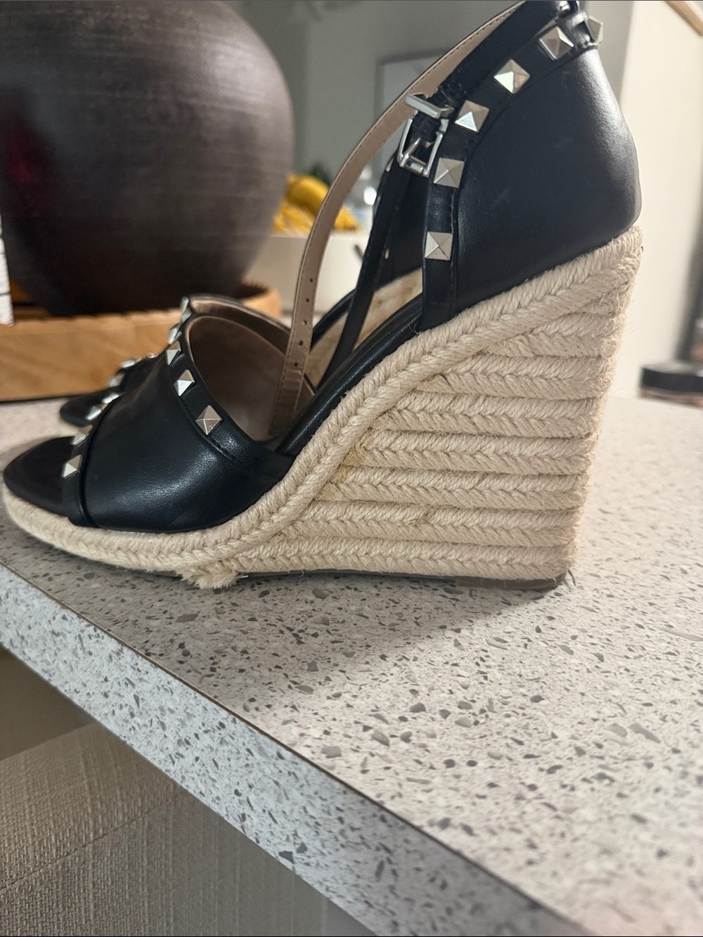 Black Studded Wedge Espadrille Sandals